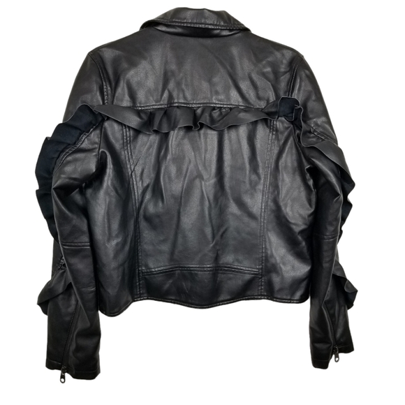 Pink Key Black Vegan Leather Moto Jacket with Ruffle Sleeves Women's Size Large - Picture 3 of 11